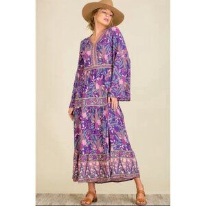 Aly Daly Women's Purple Floral Flare Sleeve Maxi Dress Size M Boho Festival
